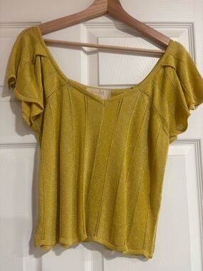 KAOS Shimmery Mustard Ruffle Sleeve Scoop Neck Top
